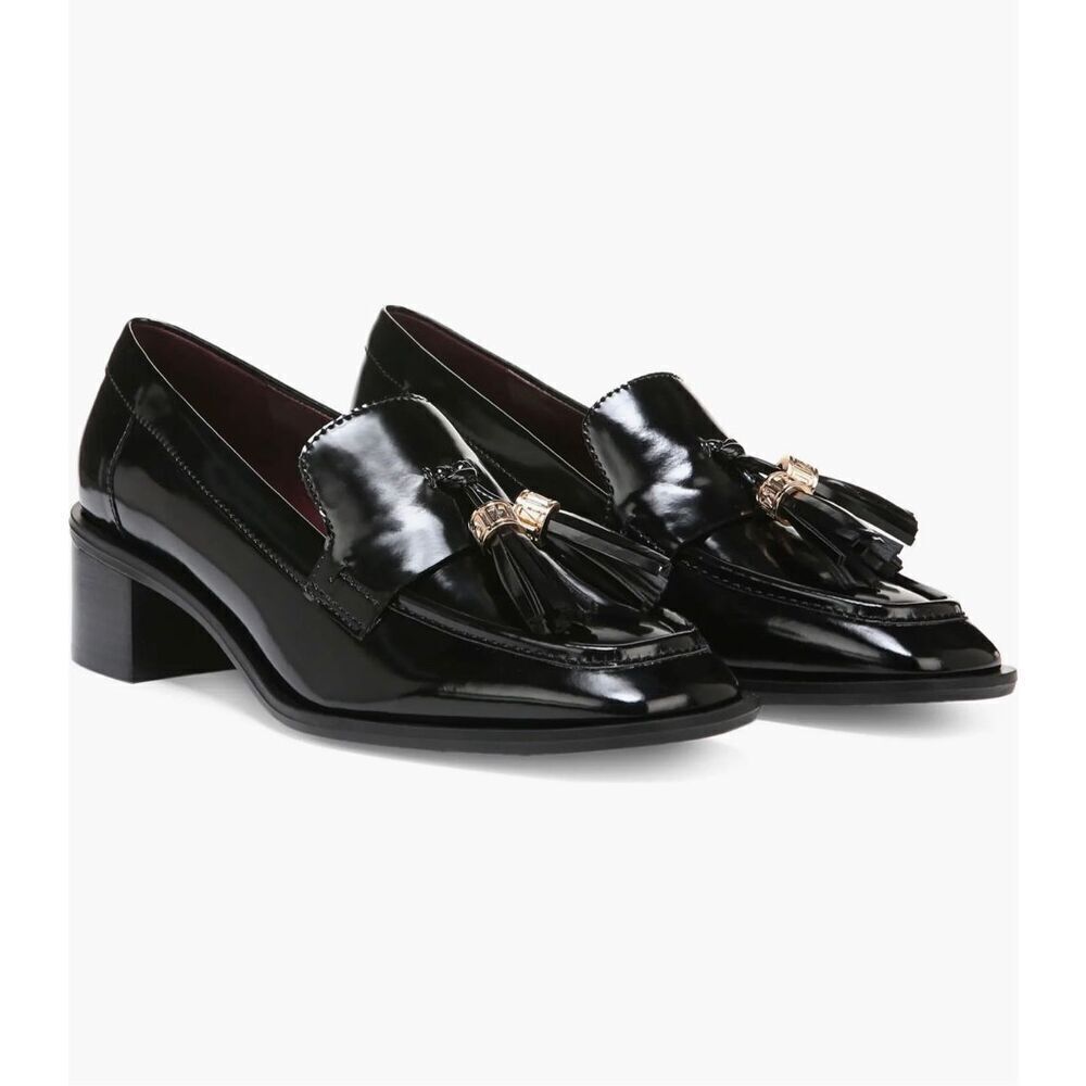 NWOB Franco Sorto Donna Block Heel Tassel Faux Patent leather Loafers Black 6M